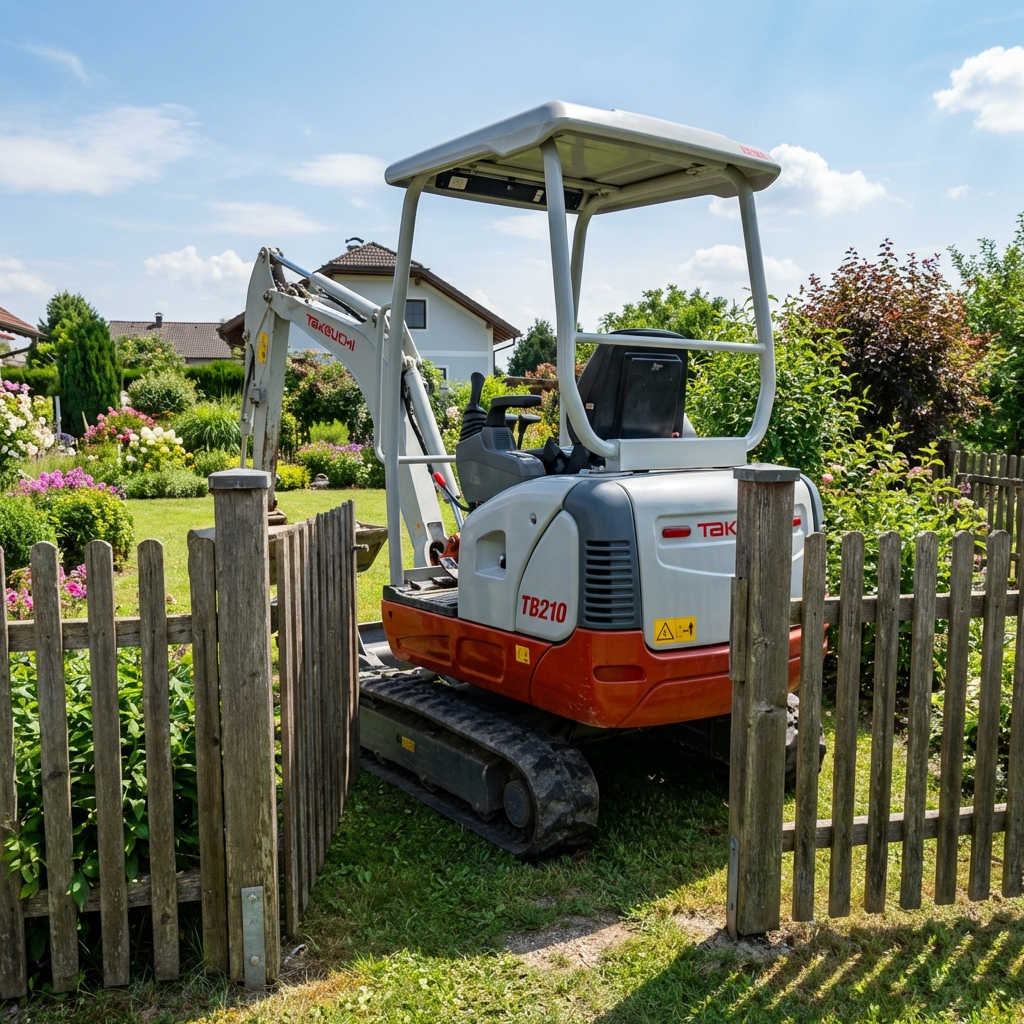 Minibagger fährt durch enge Zufahrt zum Pool-Aushub