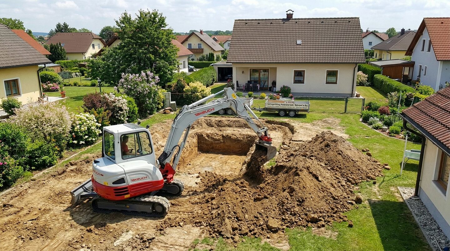Pool Aushub in allen Wiener Bezirken – Bagger bei Erdarbeiten für Schwimmbecken