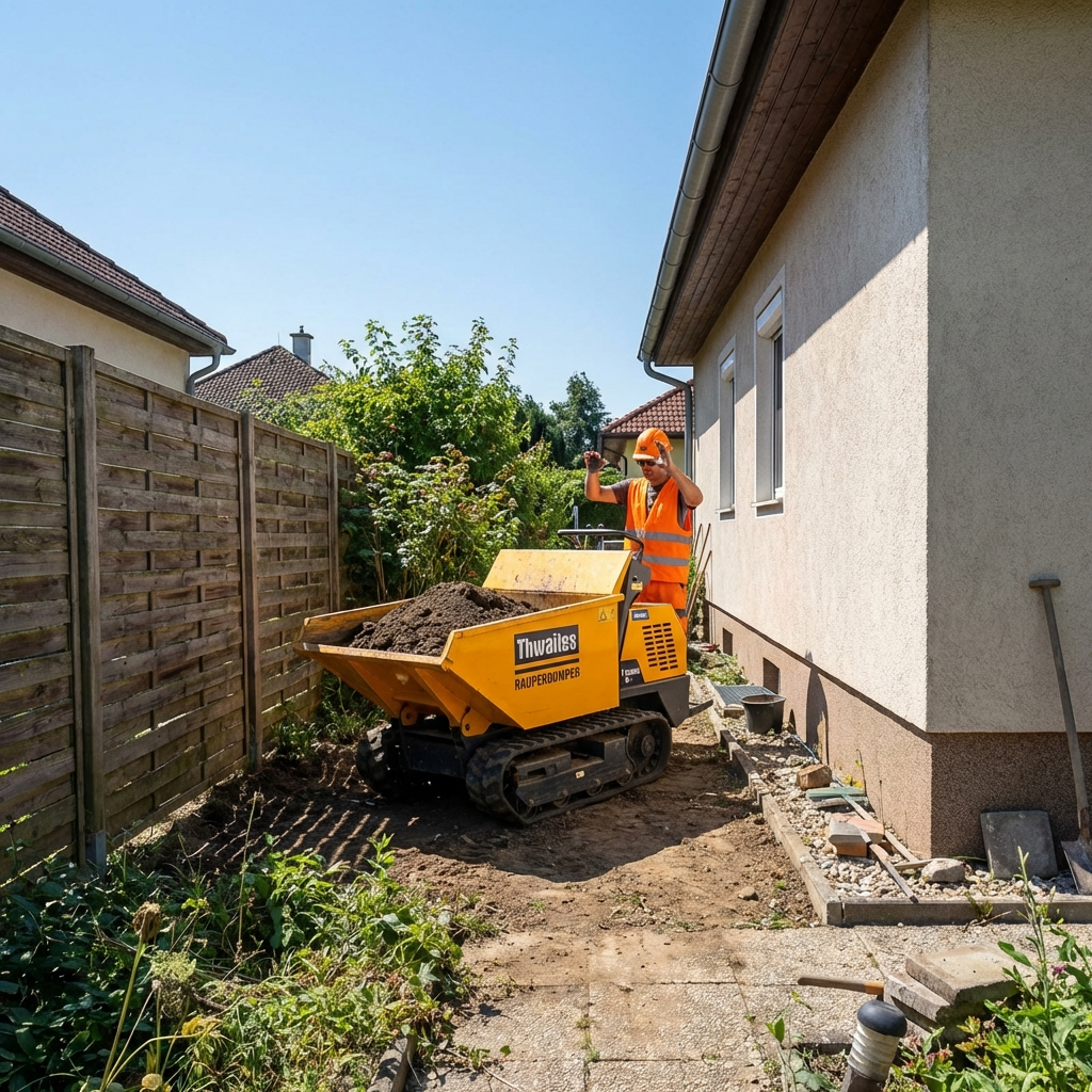 Raupendumper im Einsatz bei engen Platzverhältnissen beim Pool-Aushub